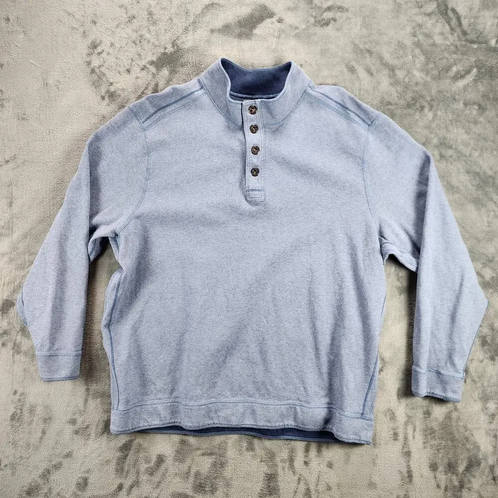 Tommy Bahama Pullover Sweater Mens Extra Large Blue Snap Button Mock Neck Casual